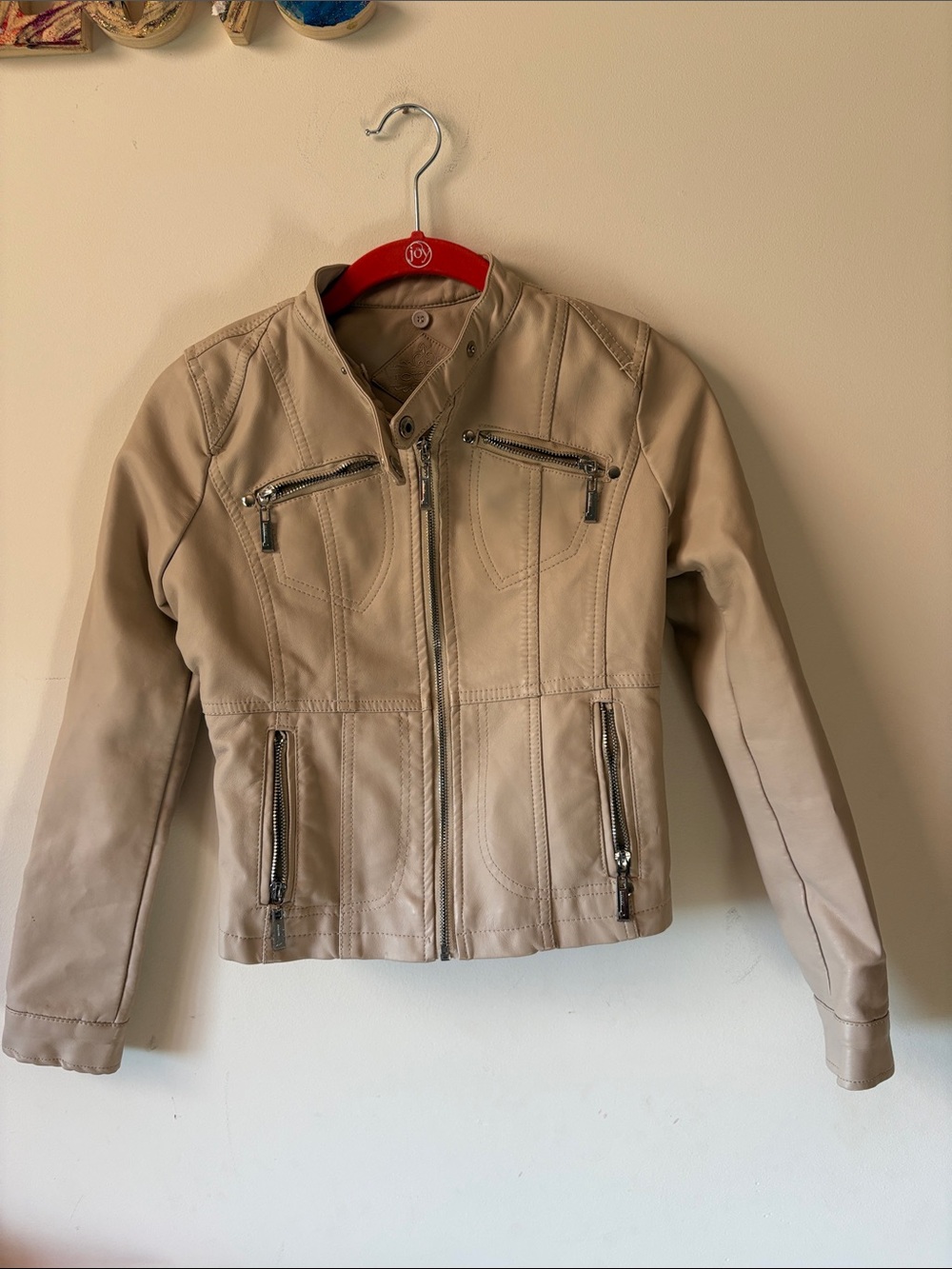 Girls large 14/15 Beige Faux Leather Moto Jacket